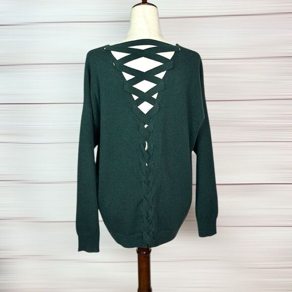 Aqua Cashmere Lace-up Back Cashmere Sweater V-neck Dark Green Relaxed Fit L - Picture 3 of 10